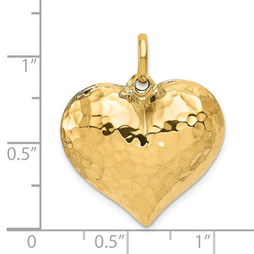 14K Yellow Gold Puffy Hammered Heart 3D Hollow Pendant Charm