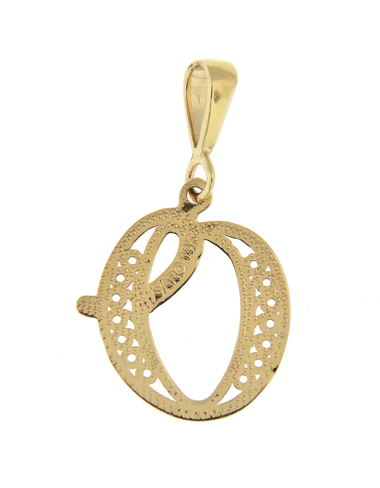 14K Yellow Gold Initial Letter O Cursive Script Alphabet Filigree Pendant Charm