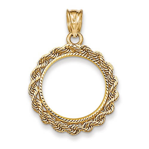 14K Yellow Gold 1/10 oz One Tenth Ounce American Eagle Coin Holder Bezel Rope Edge Diamond Cut Pendant Charm for 16.5mm x 1.3mm Coins