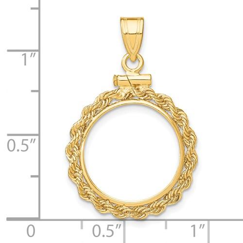14K Yellow Gold Holds 16mm Coins 1/10 oz Maple Leaf 1/10 oz Philharmonic 1/10 oz Australian Nugget 1/10 oz Kangaroo Coin Holder Rope Bezel Screw Top Pendant Charm