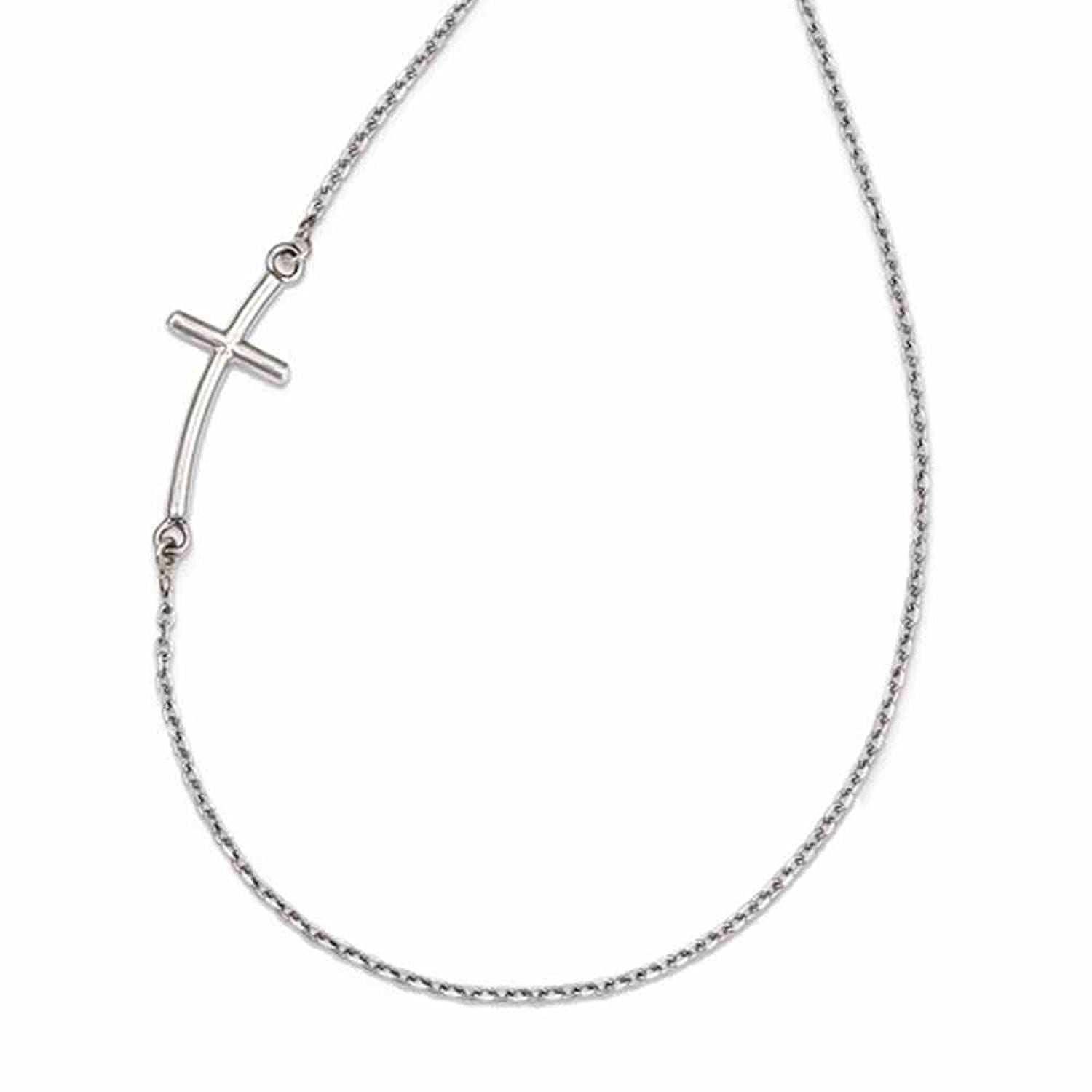 14k White Gold Sideways Curved Cross Necklace 19 Inches