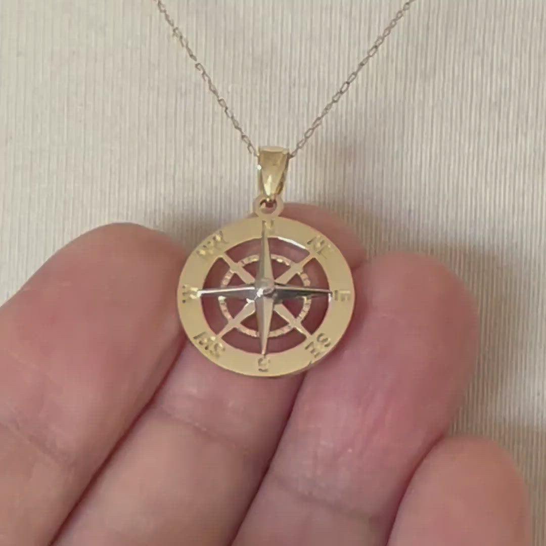 14k Gold Two Tone Nautical Compass Medallion Pendant Charm
