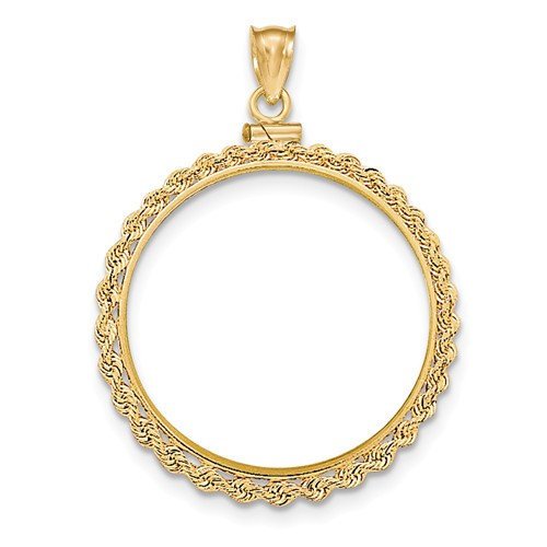 14K Yellow Gold 1 oz or One Ounce American Eagle Coin Holder Rope Bezel Pendant Charm Screw Top for 32.6mm x 2.8mm Coins