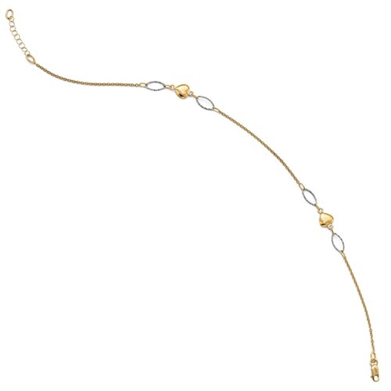 14k Gold Two Tone Hearts Anklet 10 Inches plus Extender