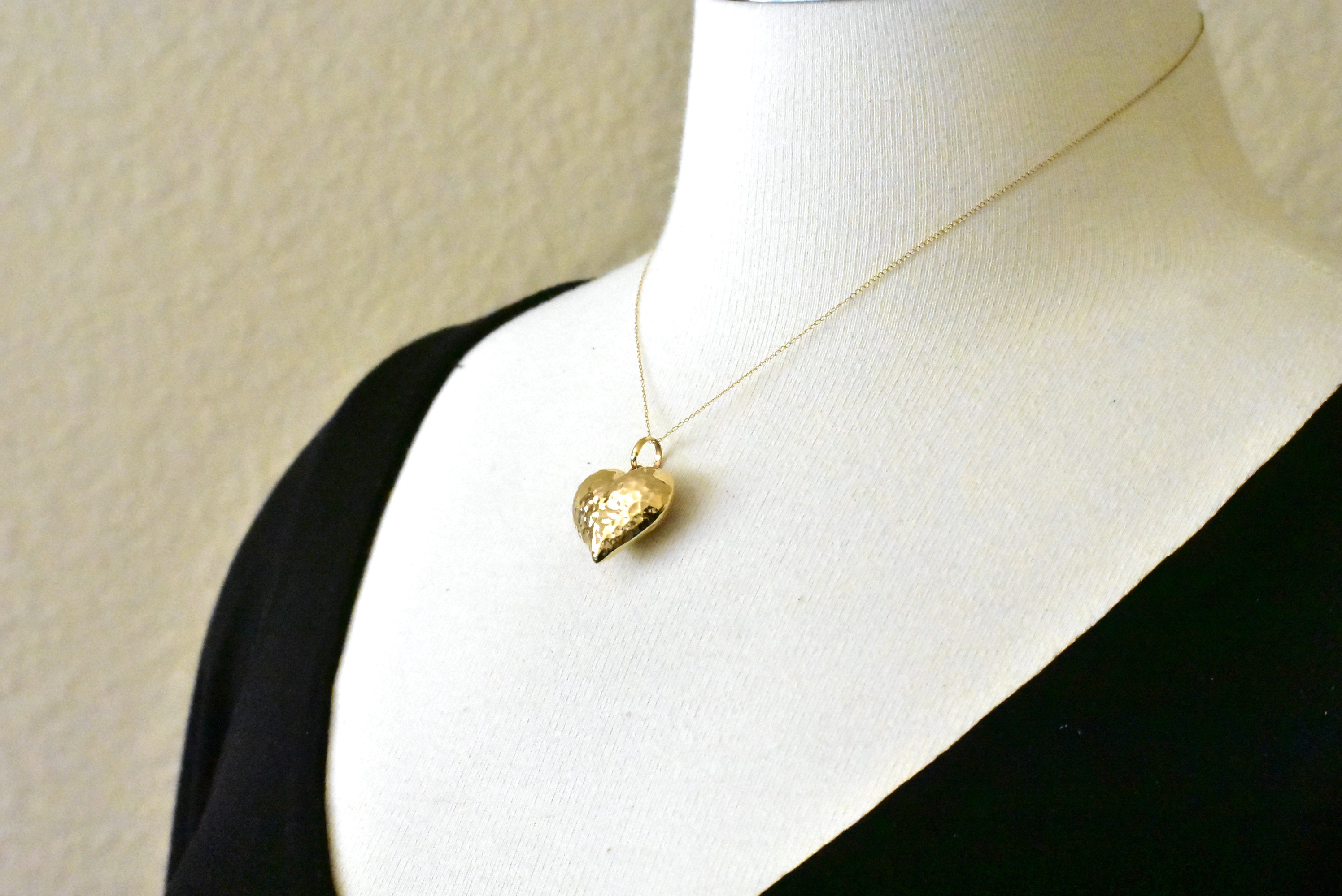 14K Yellow Gold Puffy Hammered Heart 3D Hollow Pendant Charm