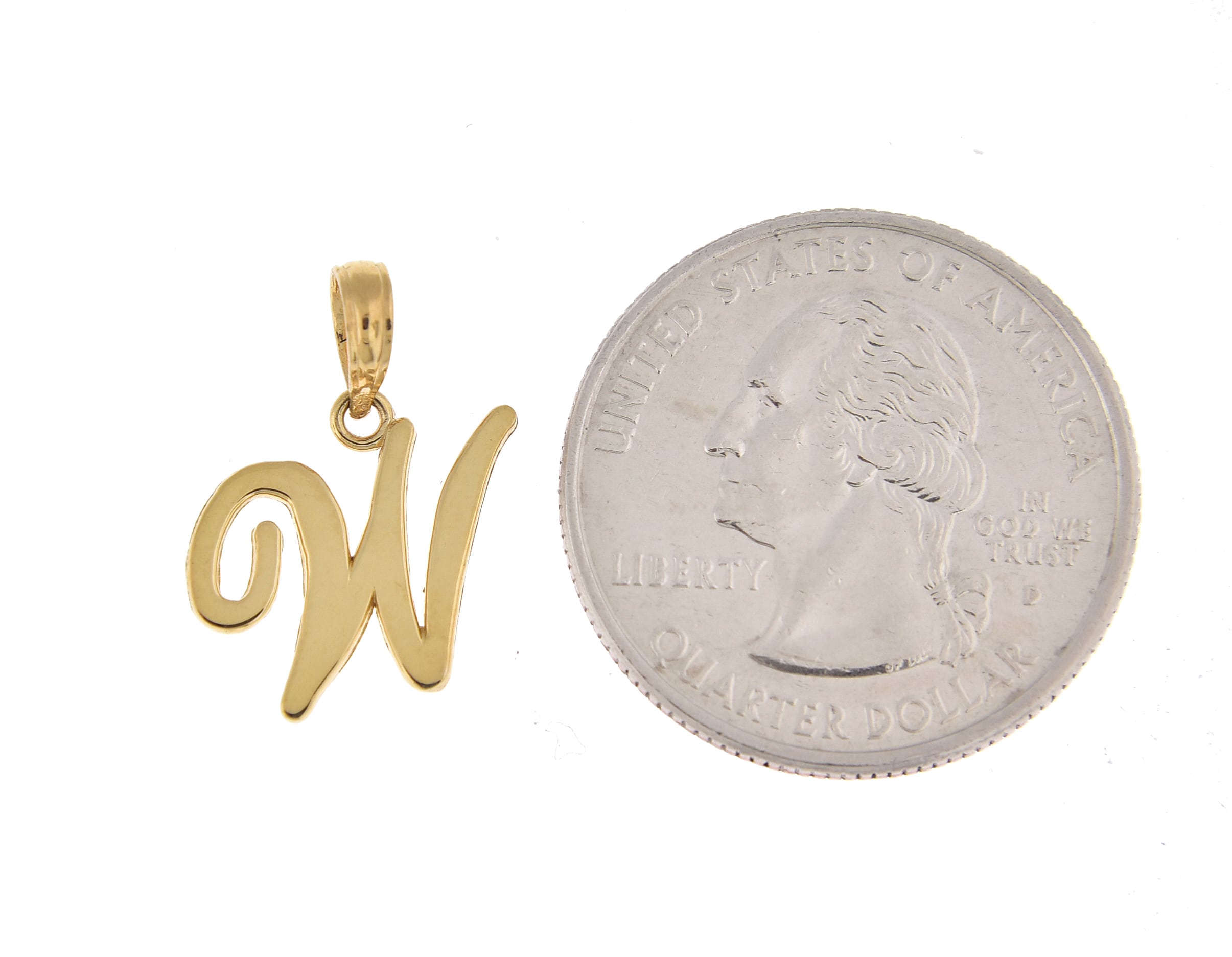 14K Yellow Gold Script Initial Letter W Cursive Alphabet Pendant Charm