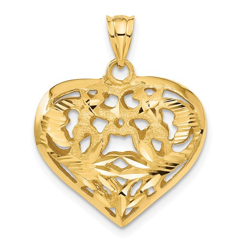14k Yellow Gold Puffy Heart Cage 3D Hollow Pendant Charm