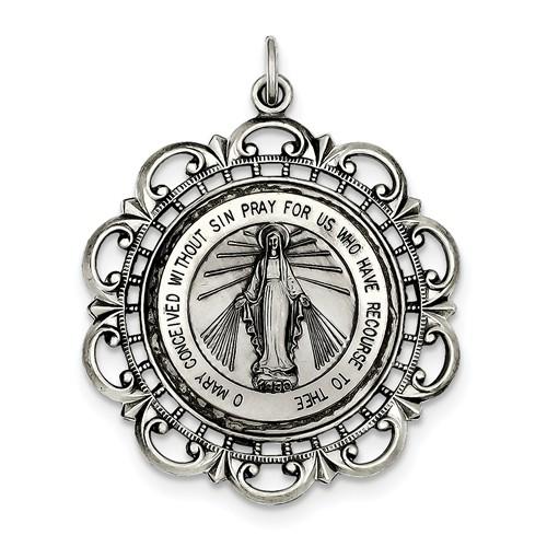 Sterling Silver Blessed Virgin Mary Miraculous Medal Ornate Pendant Charm