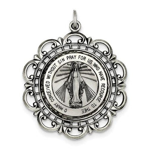 Sterling Silver Blessed Virgin Mary Miraculous Medal Ornate Pendant Charm