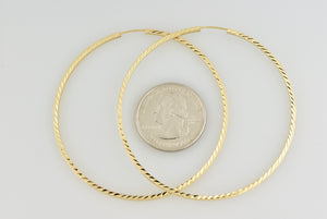 14k Yellow Gold 60mm x 1.35mm Diamond Cut Round Endless Hoop Earrings