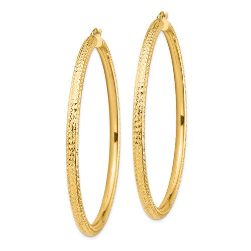 14K Yellow Gold Diamond Cut Round Hoop Earrings 70mm x 4mm