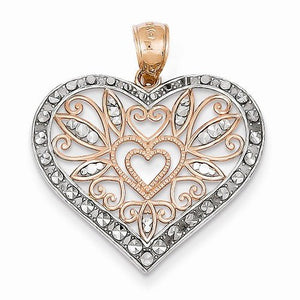 14k Rose Gold and Rhodium Filigree Heart Pendant Charm