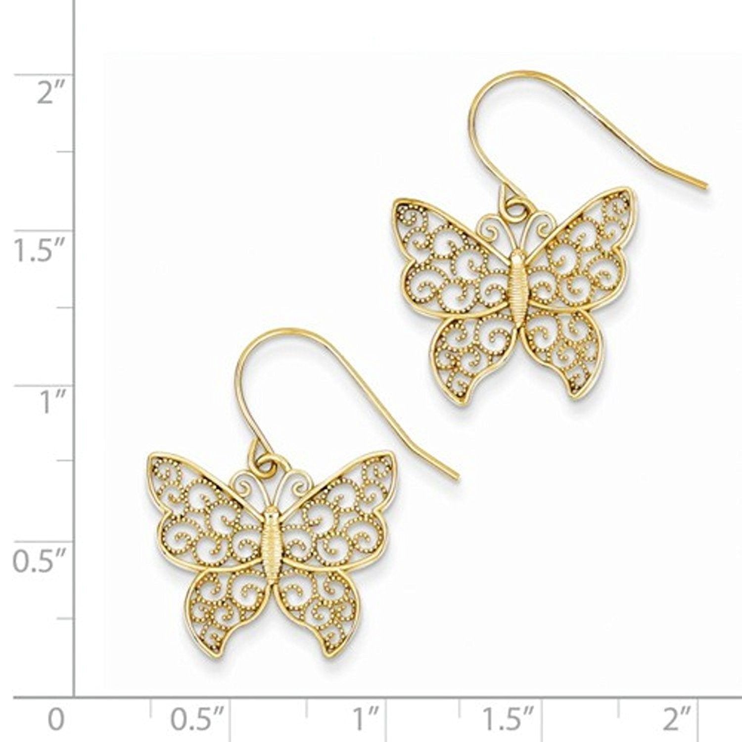 14k Yellow Gold Butterfly Shepherd Hook Dangle Earrings