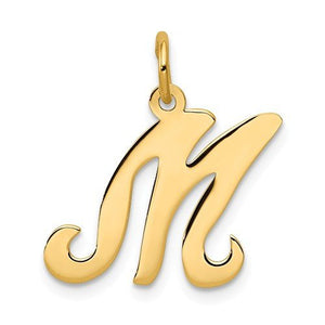 14K Yellow Gold Initial Letter M Cursive Script Alphabet Pendant Charm