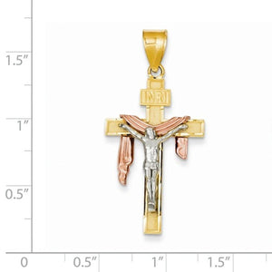 14k Gold Tri Color Draped INRI Cross Crucifix Pendant Charm