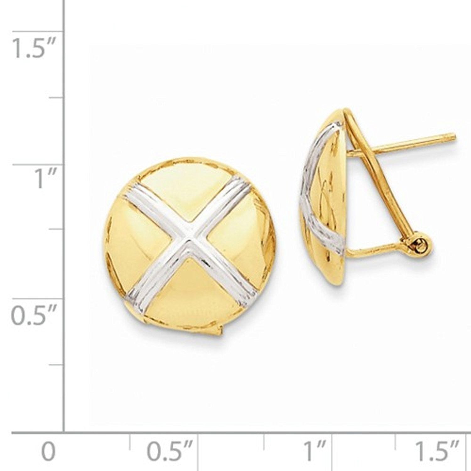 14k Yellow Gold and Rhodium Button X Omega Back Earrings