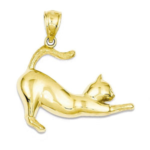14k Yellow Gold Stretching Cat Open Back Pendant Charm - [cklinternational]