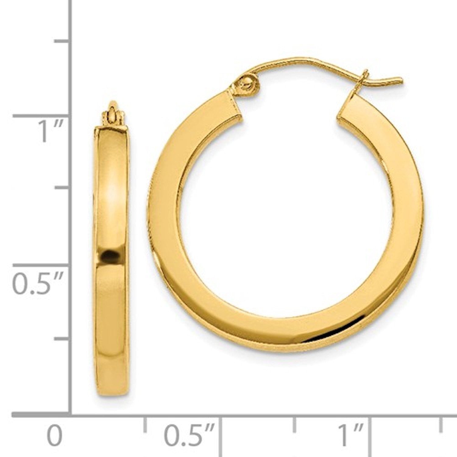 14K Yellow Gold 25mm Square Tube Round Hollow Hoop Earrings