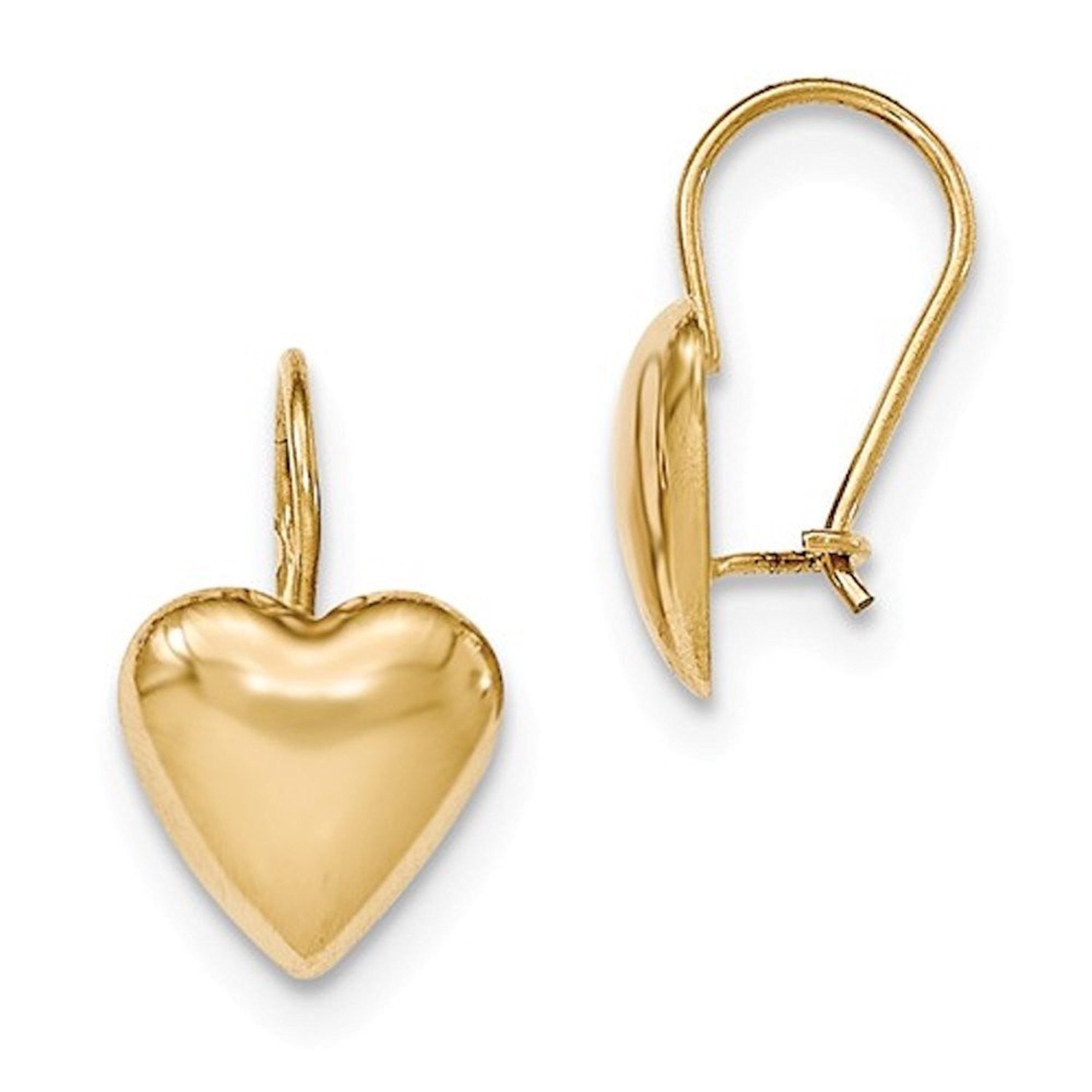 14k Yellow Gold Heart 12mm Kidney Wire Button Earrings