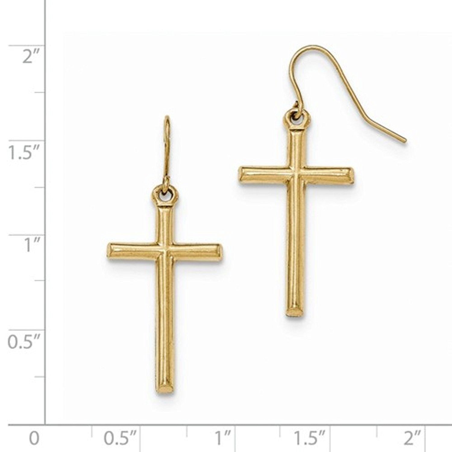 14k Yellow Gold Hollow Cross Shepherd Hook Dangle Earrings