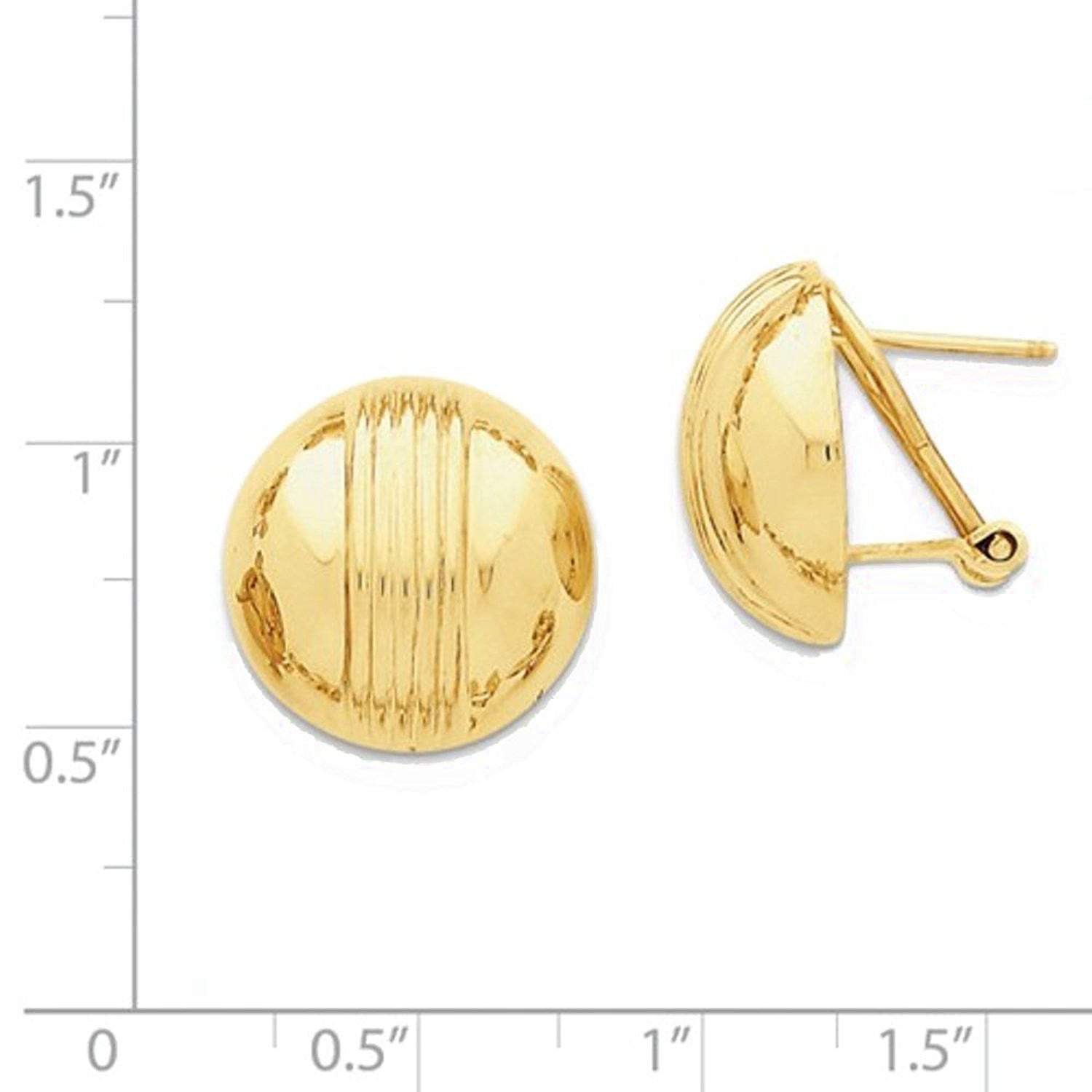 14k Yellow Gold Striped 16mm Half Ball Omega Post Earrings