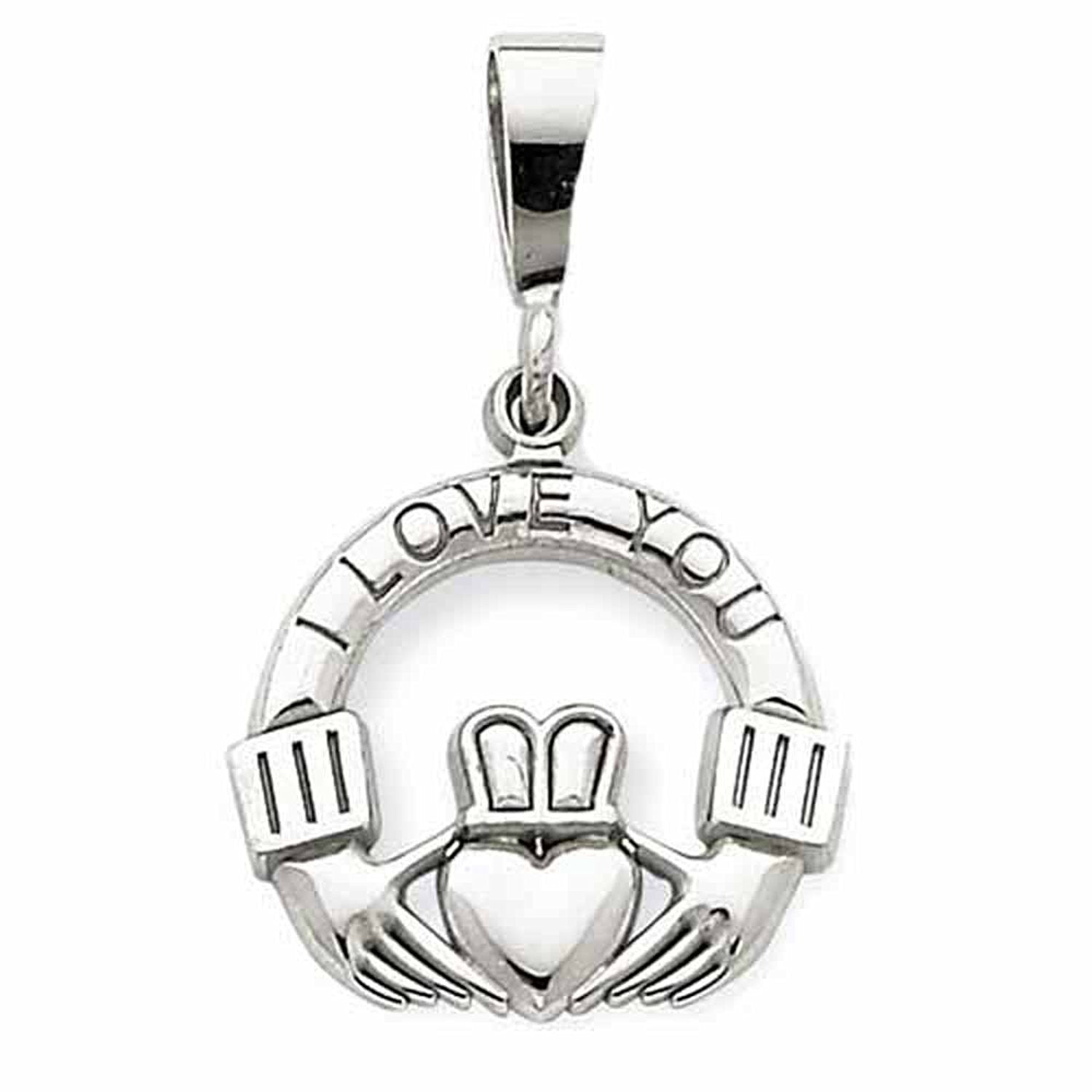 14k White Gold Claddagh I Love You Pendant Charm