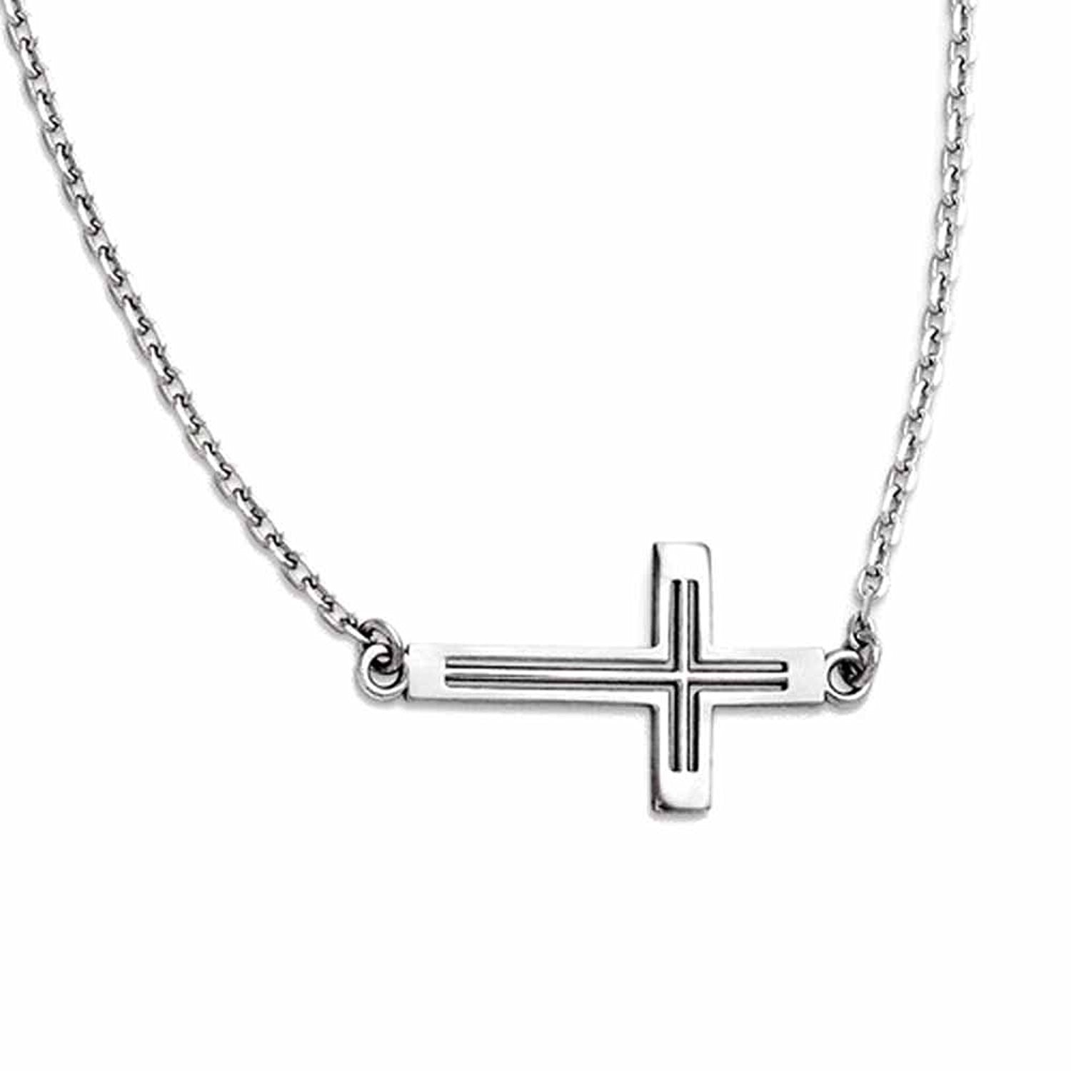 14k White Gold Sideways Cut Out Cross Necklace 19 Inches
