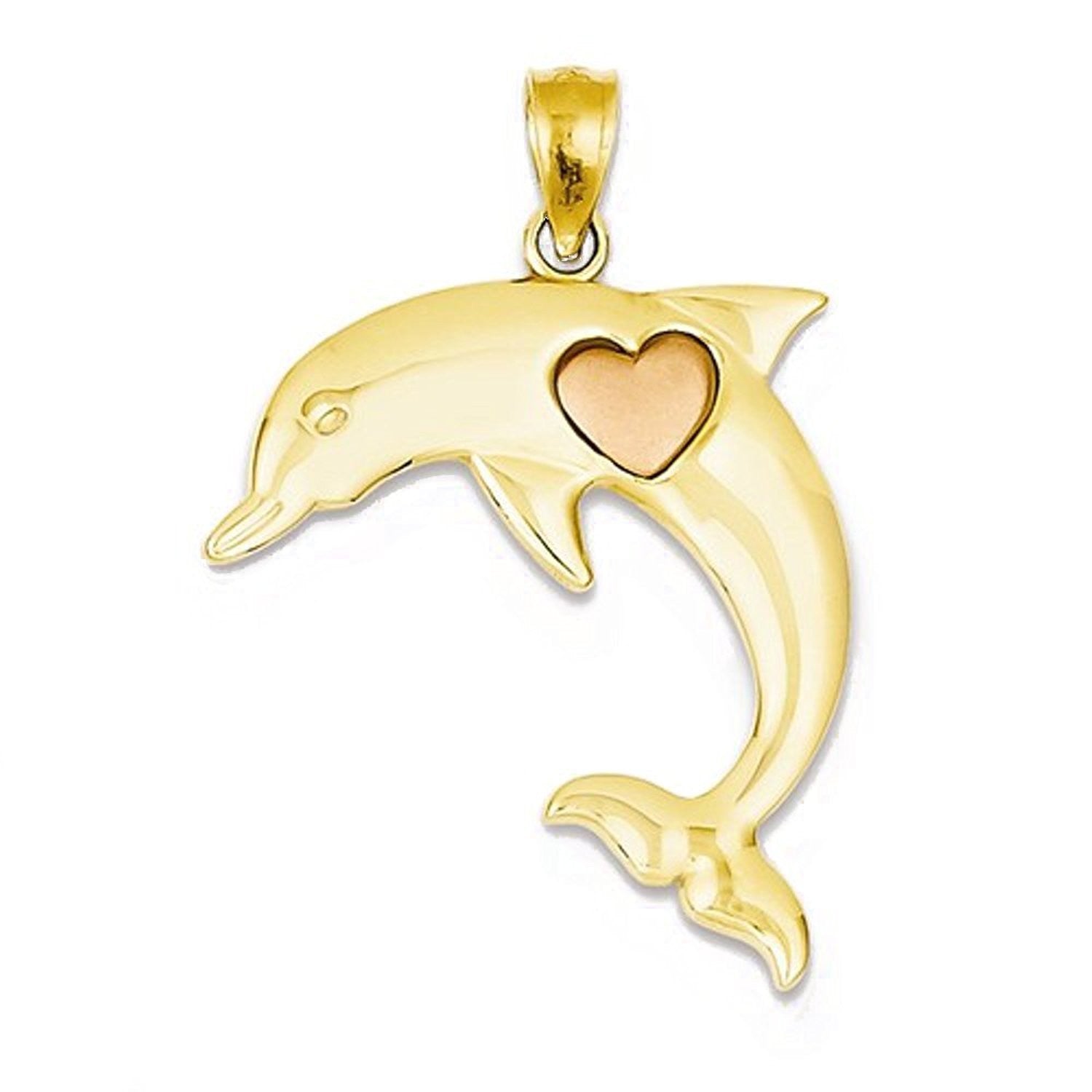 14k Gold Two Tone Dolphin Heart Open Back Pendant Charm