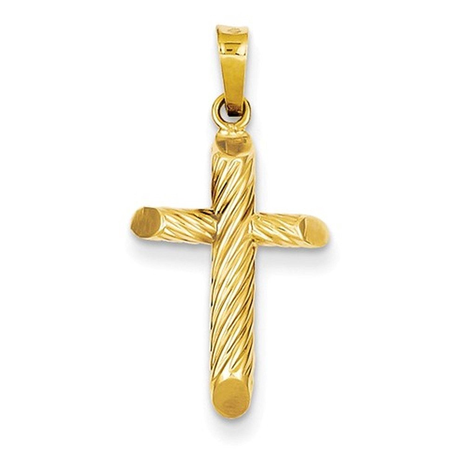 14k Yellow Gold Cross Hollow 3D Textured Small Pendant Charm