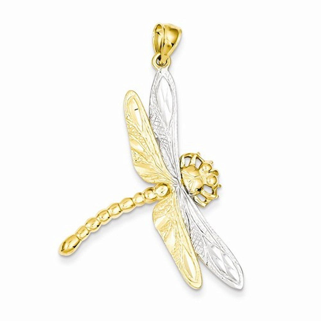 14k Yellow Gold and Rhodium Dragonfly Pendant Charm - [cklinternational]
