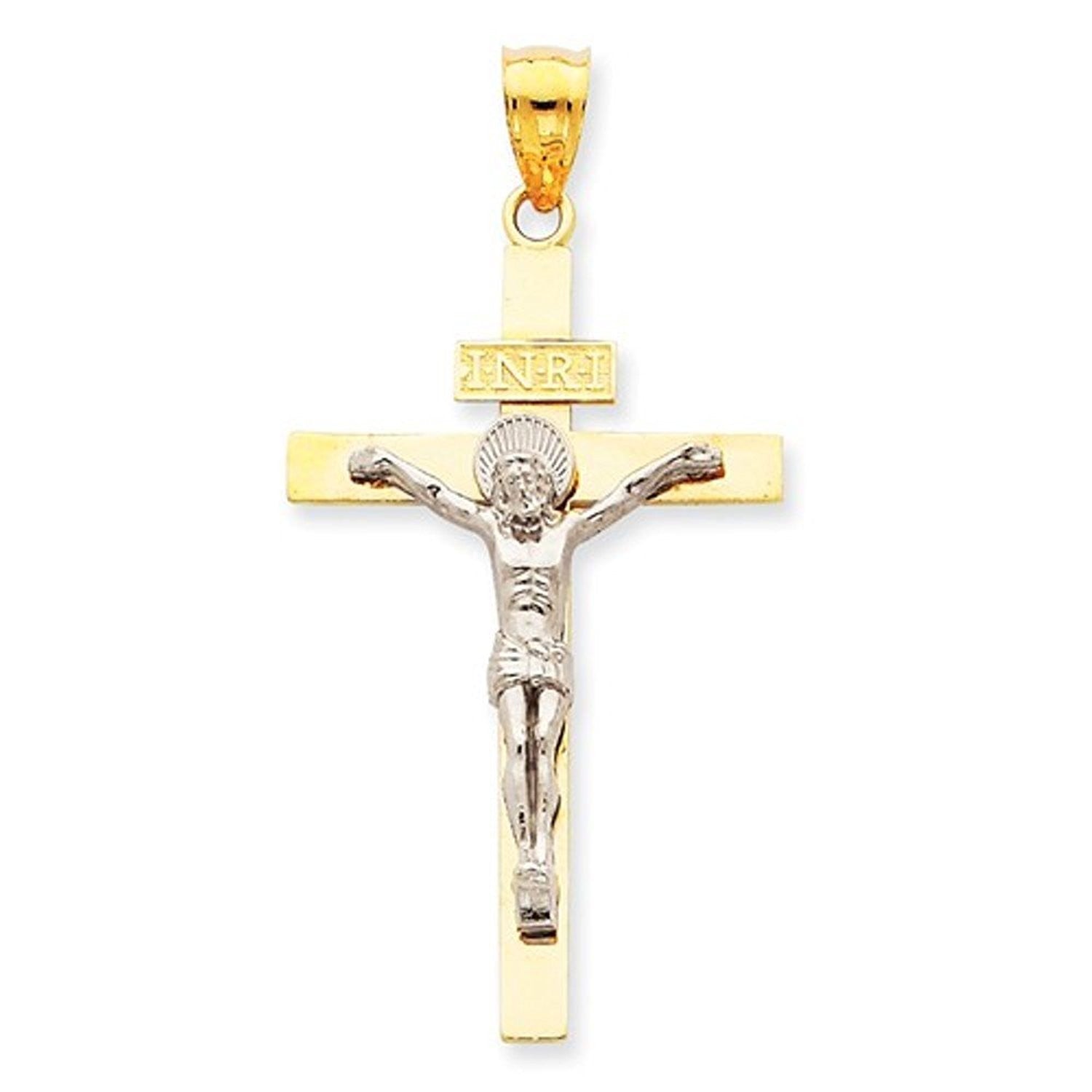 14k Gold Two Tone INRI Crucifix Cross Large Pendant Charm