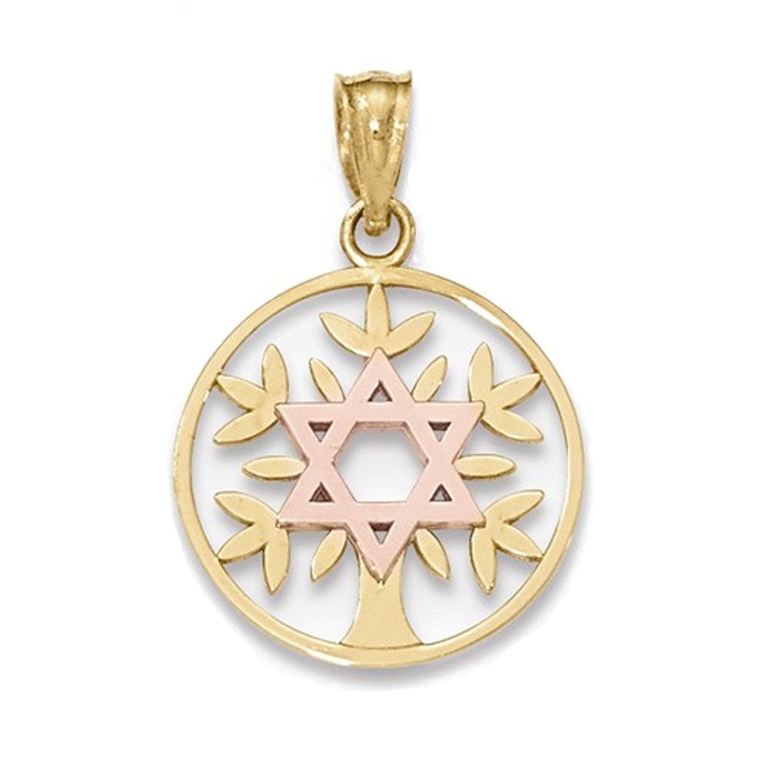 14k Gold Two Tone Star of David Tree of Life Pendant