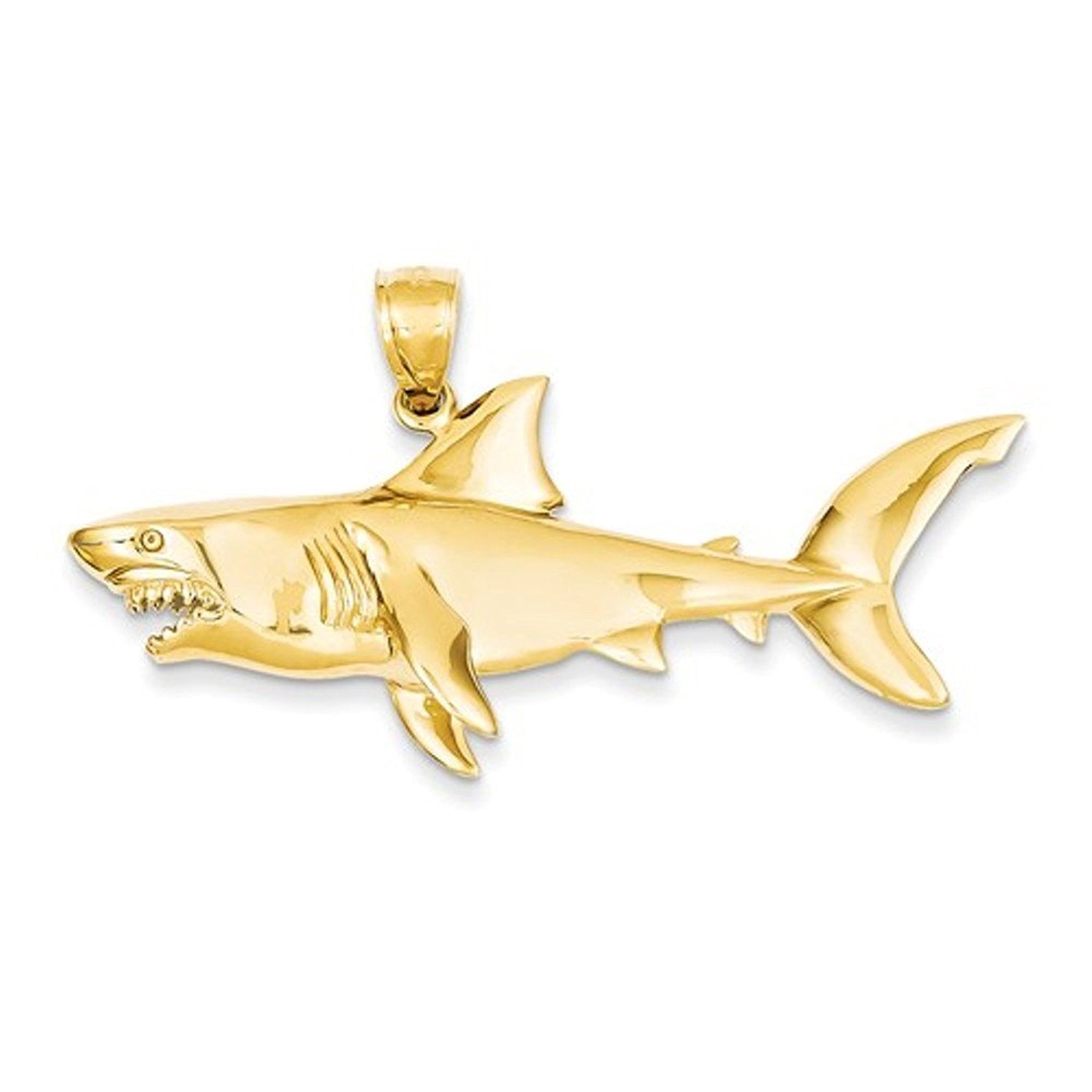 14k Yellow Gold Large Shark 3D Pendant Charm - [cklinternational]