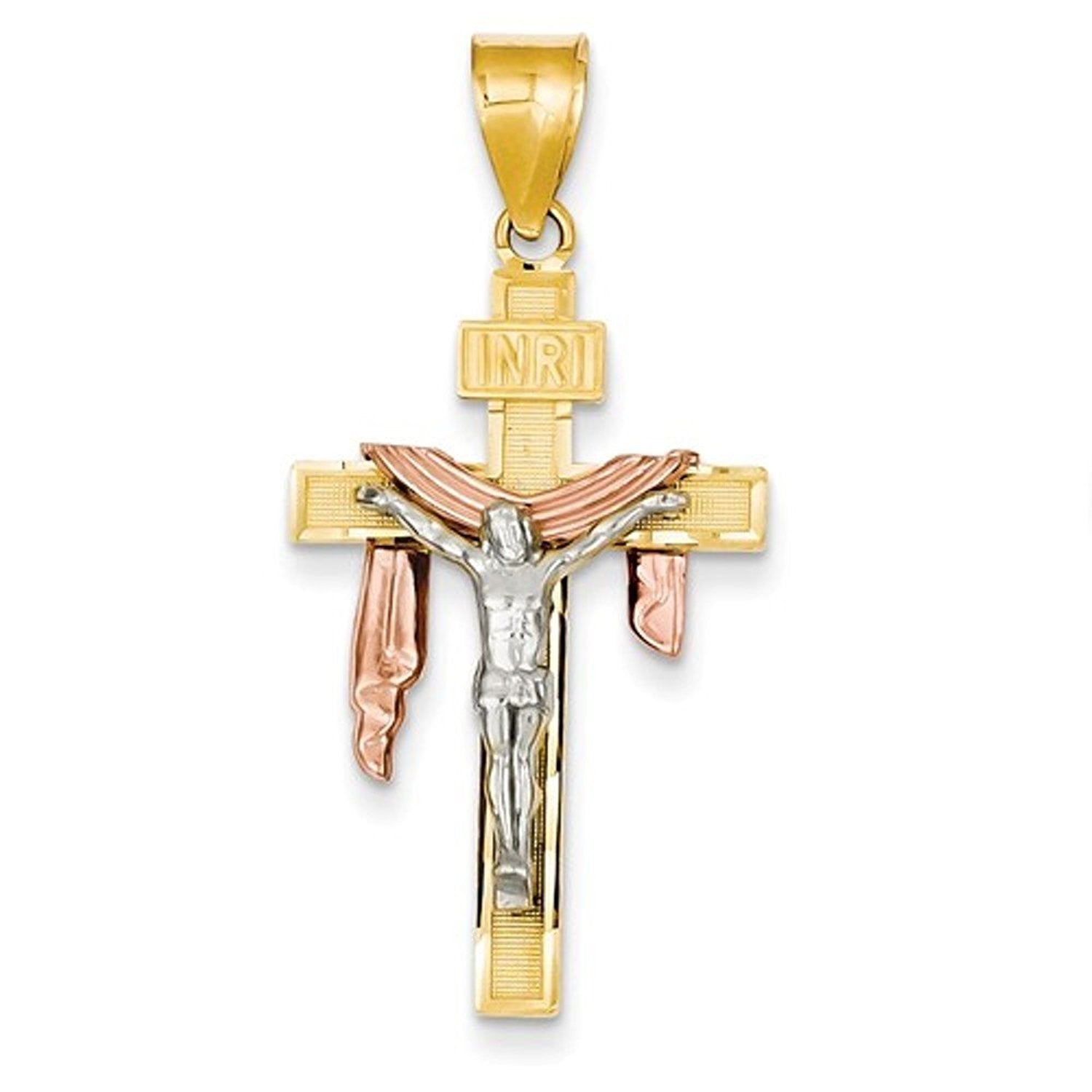 14k Gold Tri Color Draped INRI Cross Crucifix Pendant Charm