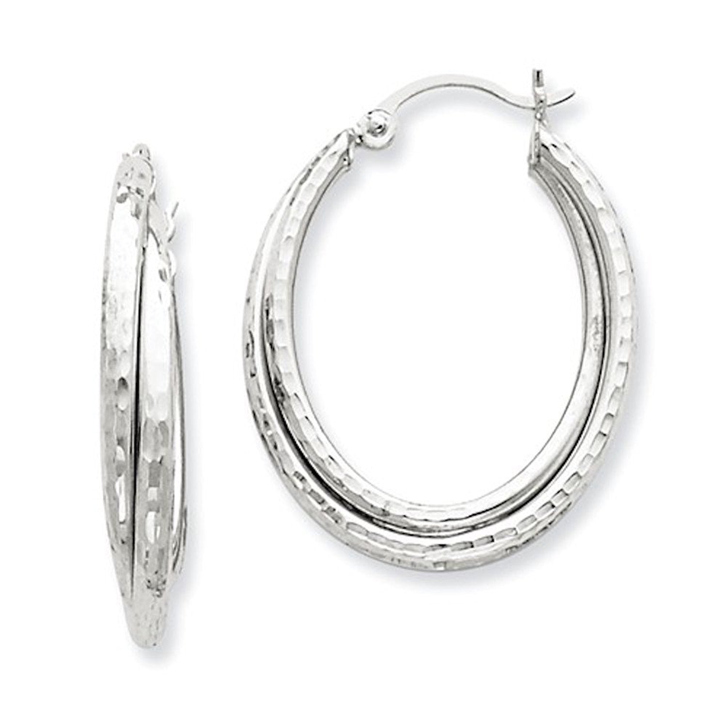 14k White Gold Large Oval Hammered Style Hoop Earrings