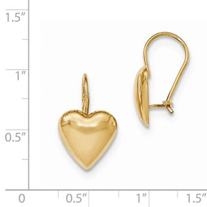14k Yellow Gold Heart 12mm Kidney Wire Button Earrings