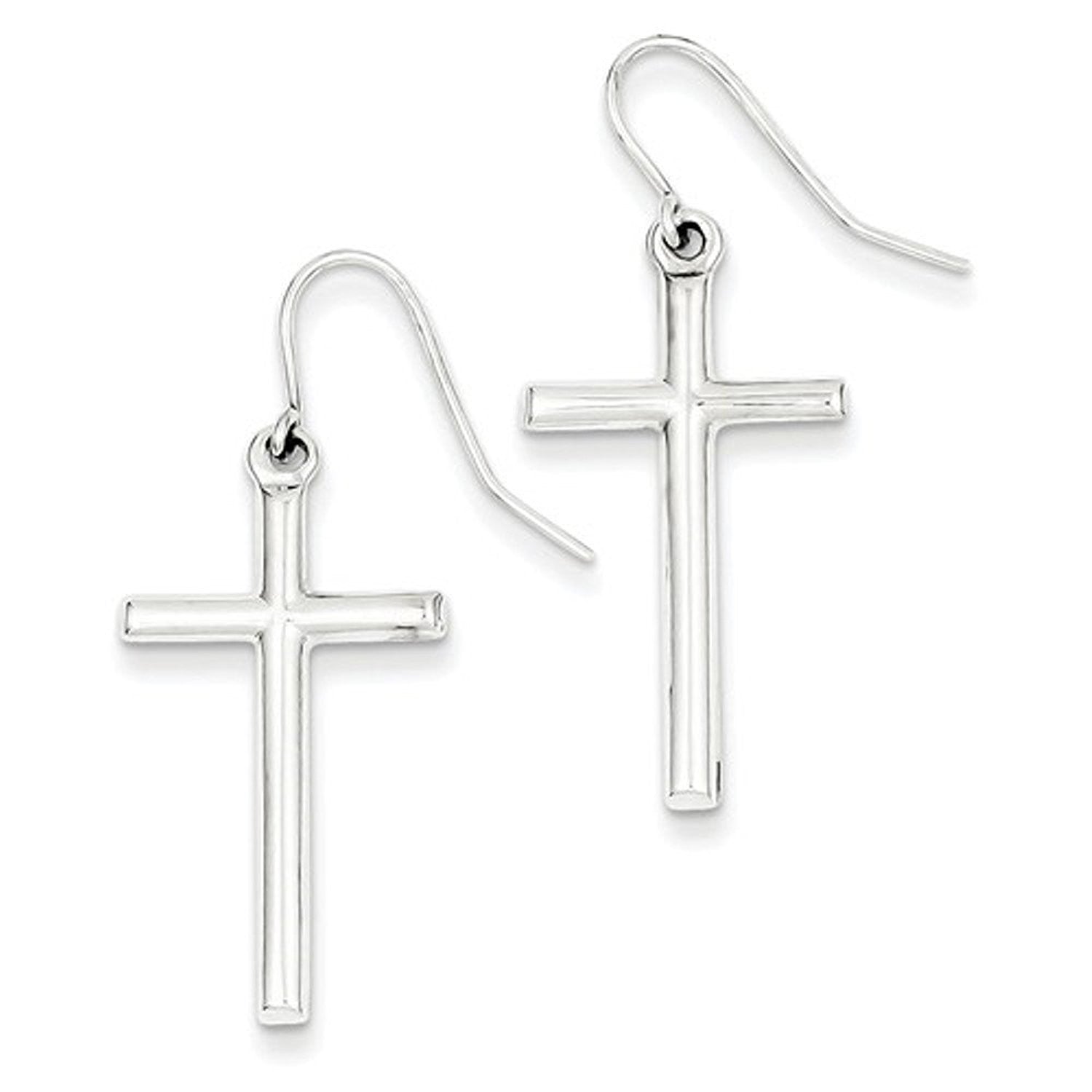 14k White Gold Hollow Cross Shepherd Hook Dangle Earrings