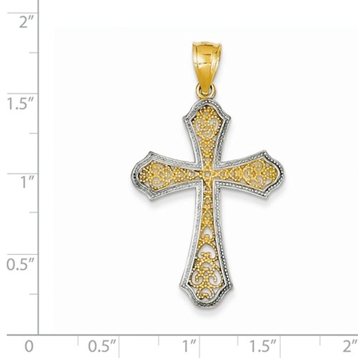 14k Yellow Gold and Rhodium Cross Filigree Pendant Charm