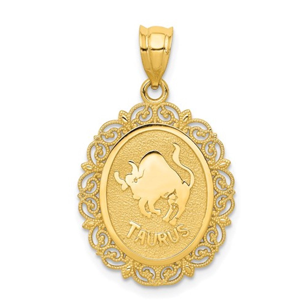 14k Yellow Gold Taurus Zodiac Horoscope Oval Pendant Charm