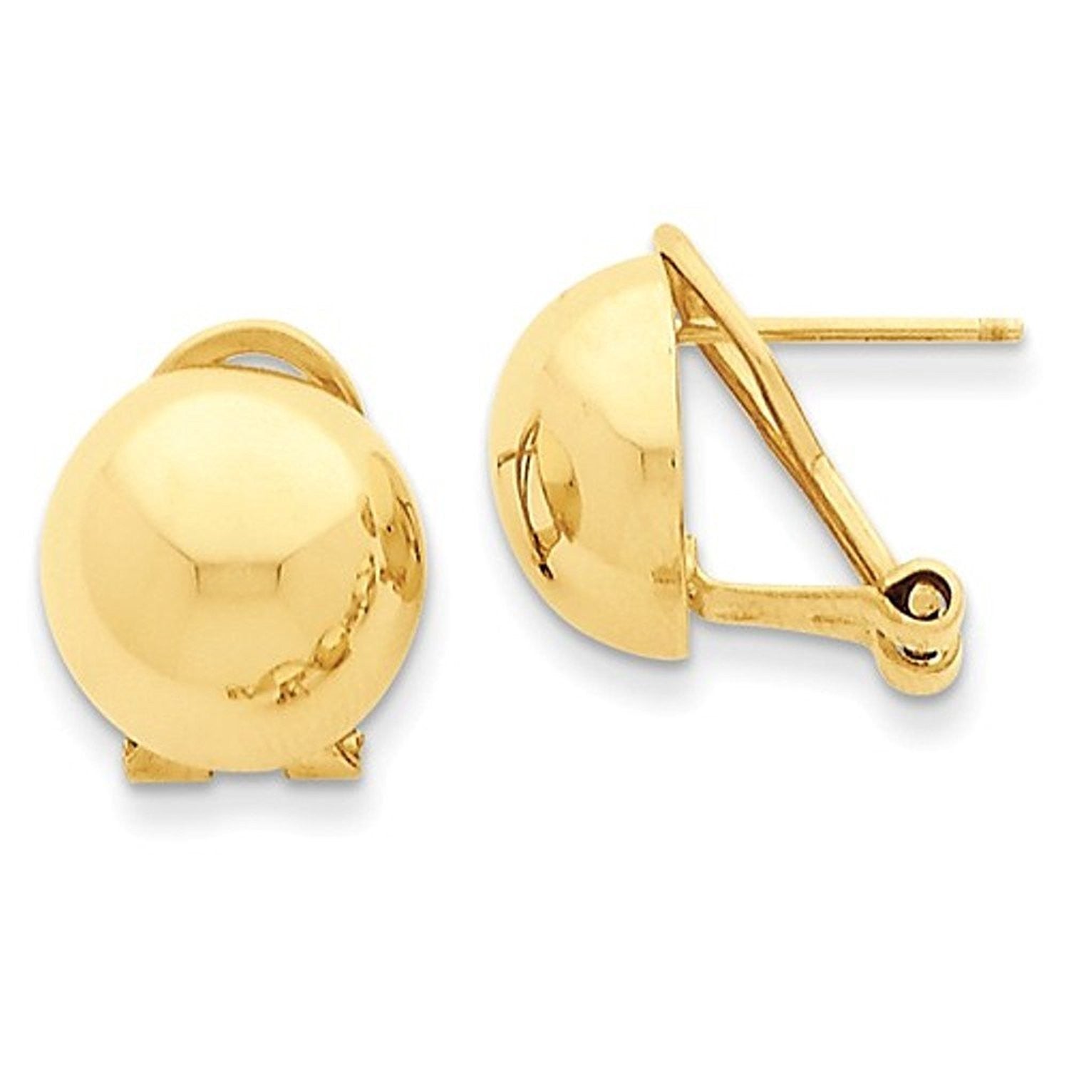 14k Yellow Gold Polished 12mm Half Ball Omega Clip Earrings