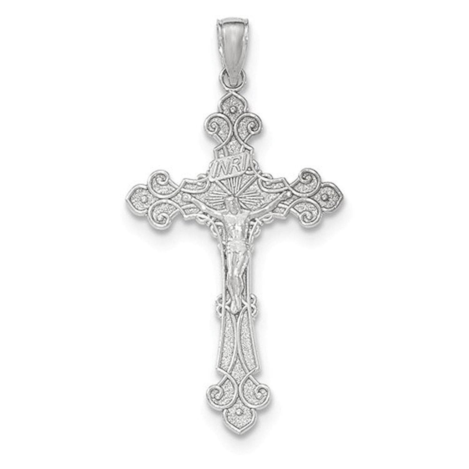 14k White Gold INRI Crucifix Cross Pendant Charm