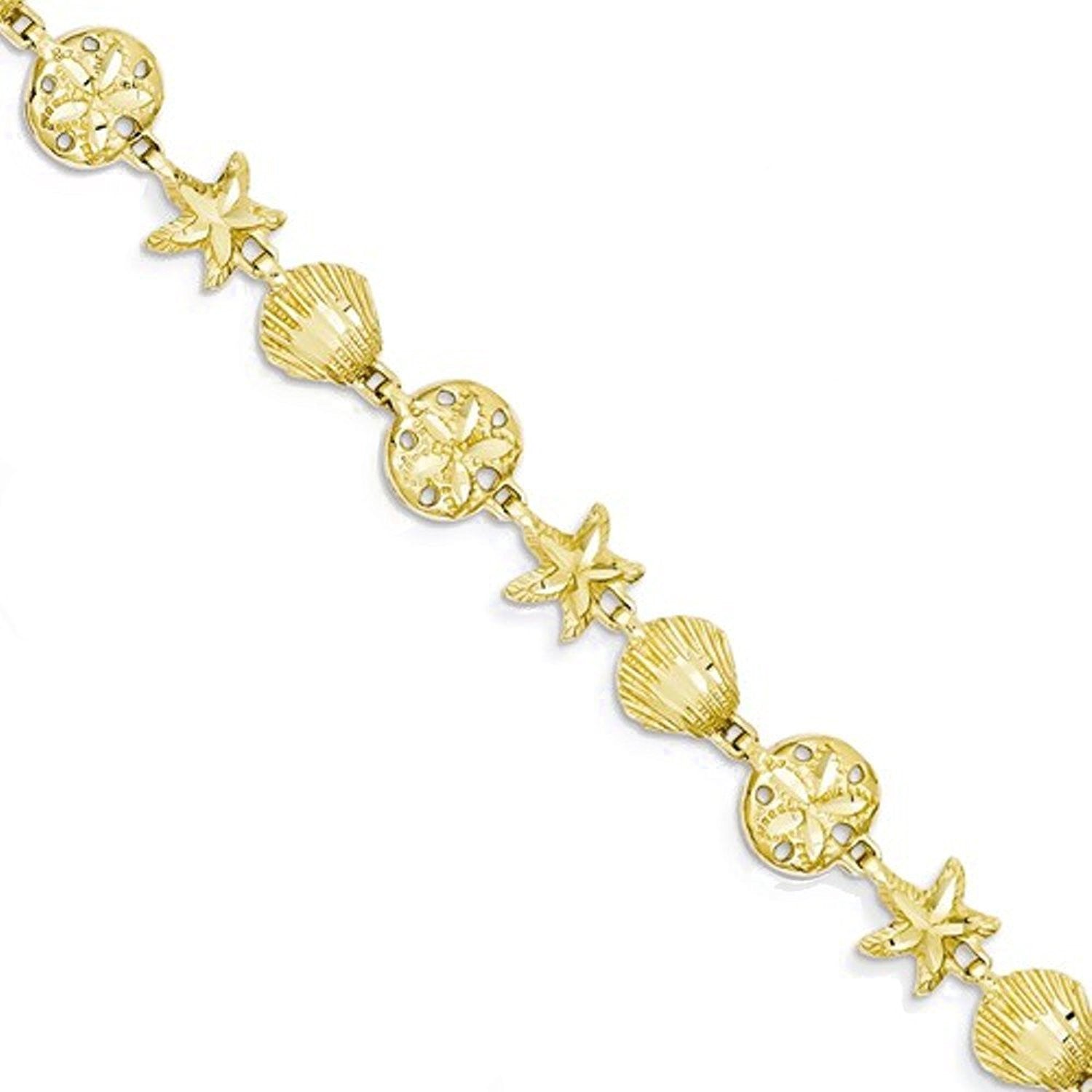 14k Yellow Gold Sea Life Starfish Shell Bracelet 7 inch