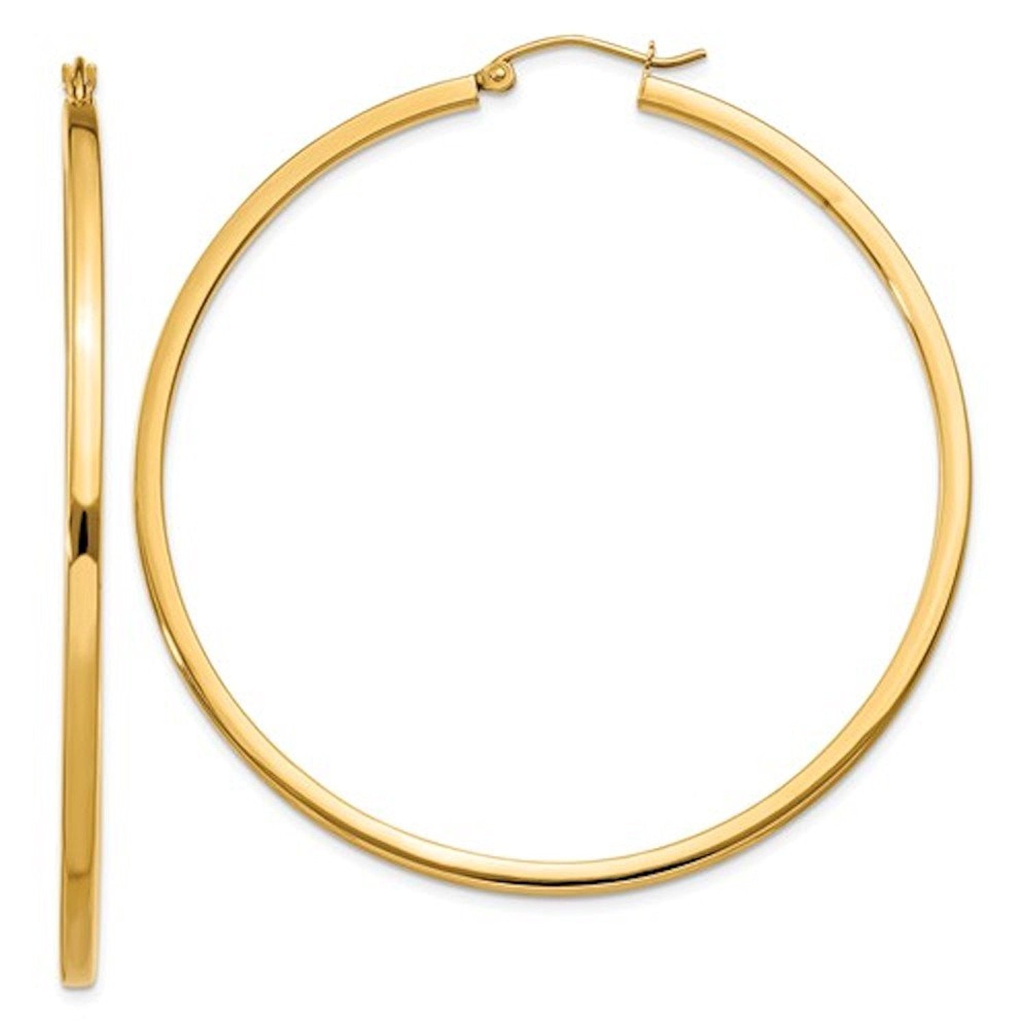 14K Yellow Gold 55mm Square Tube Round Hollow Hoop Earrings