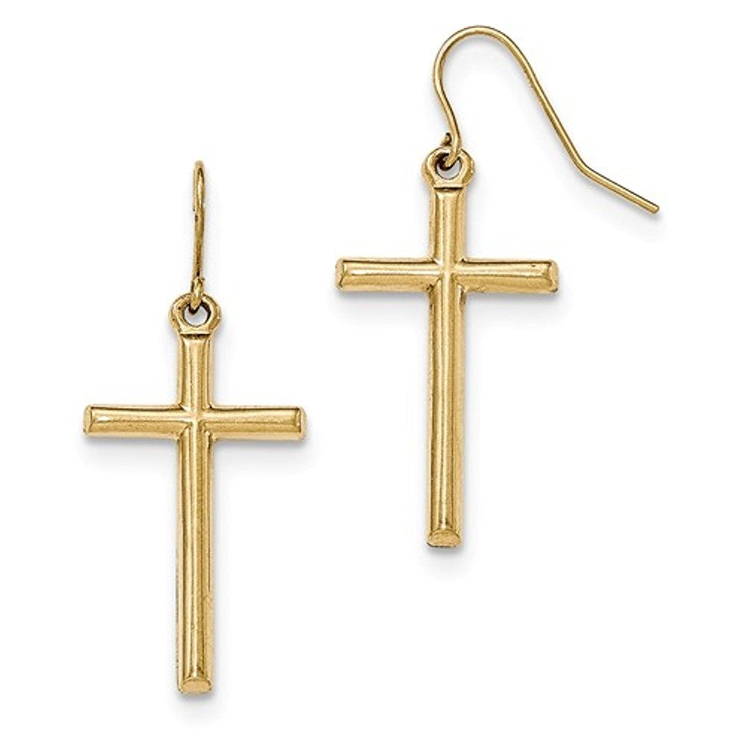 14k Yellow Gold Hollow Cross Shepherd Hook Dangle Earrings