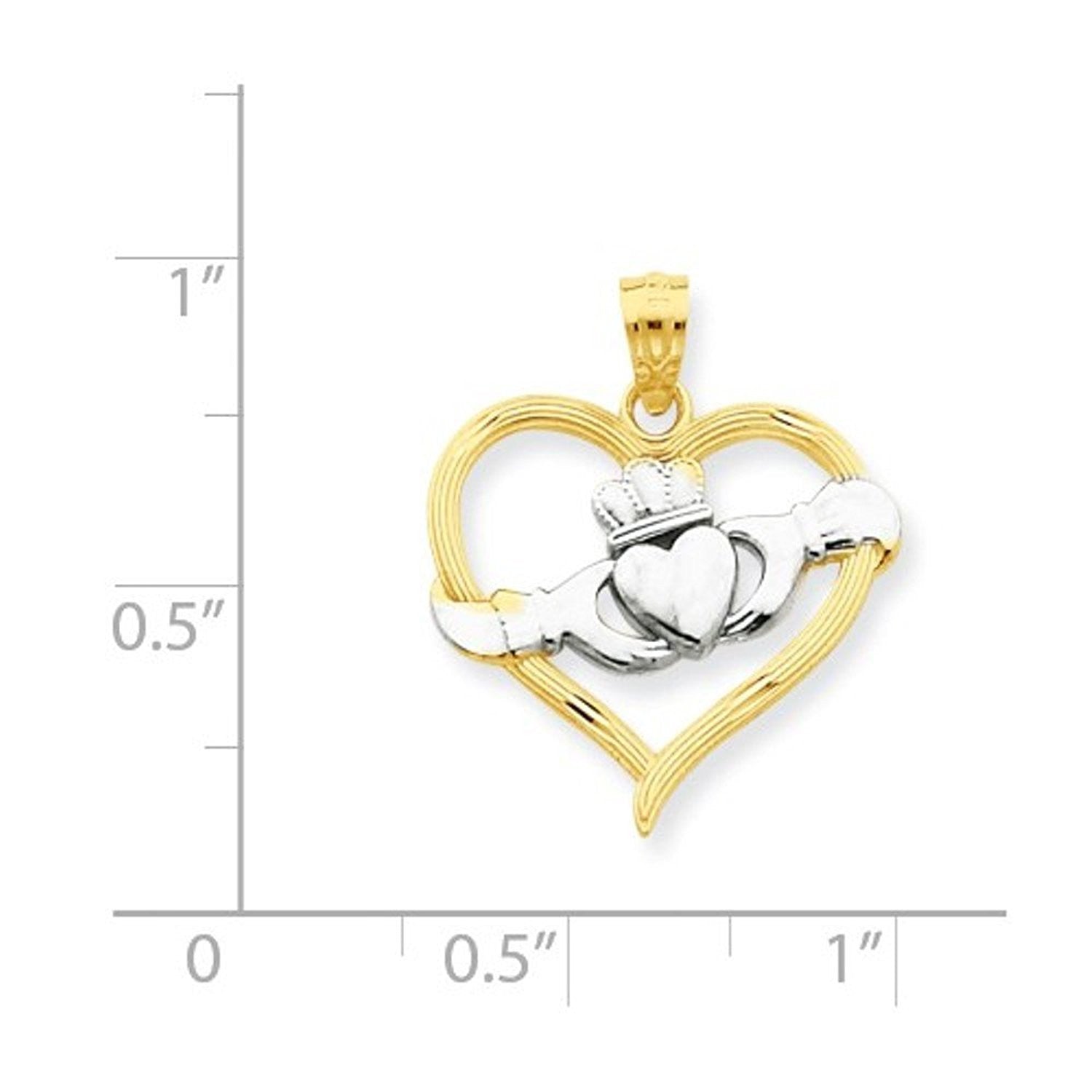 14k Yellow Gold and Rhodium Heart Claddagh Pendant Charm