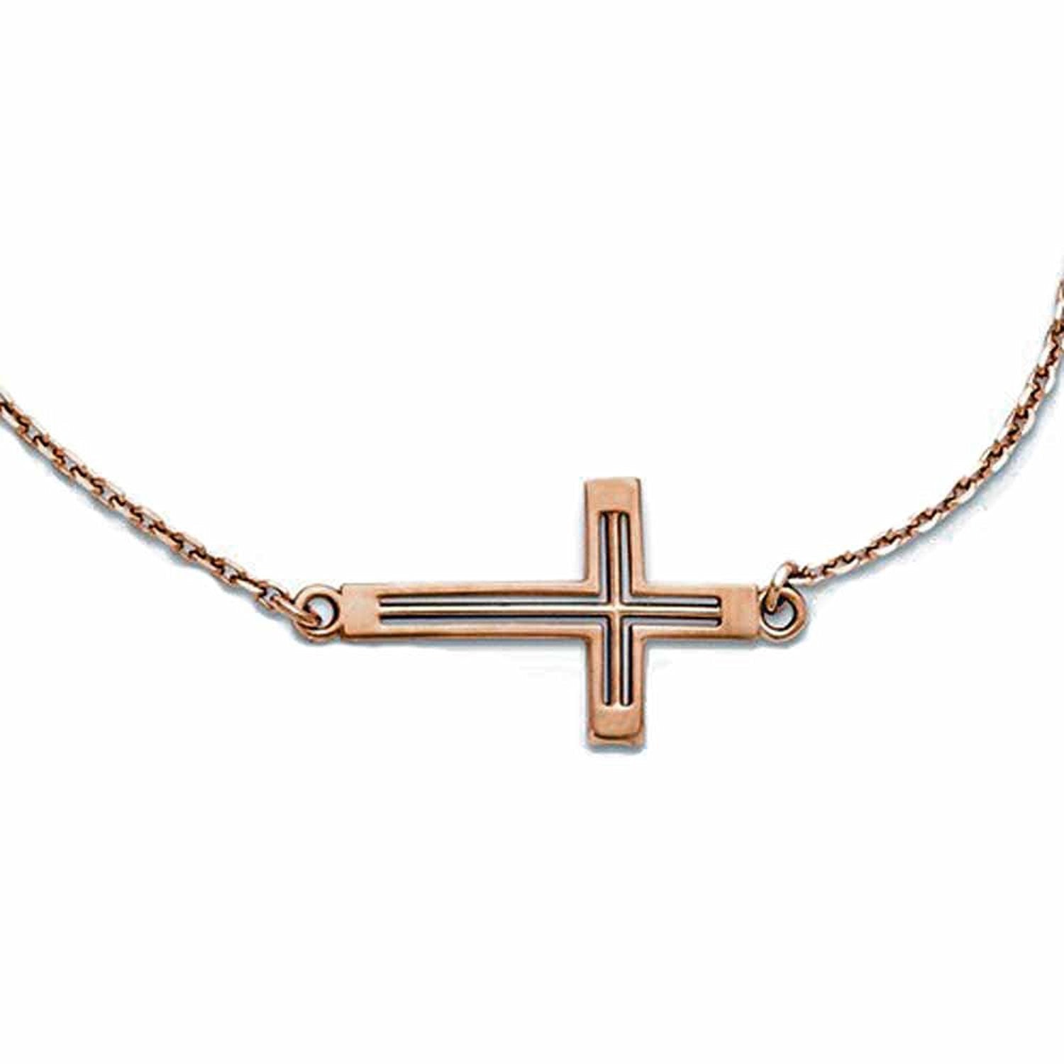 14k Rose Gold Sideways Cut Out Cross Necklace 19 Inches