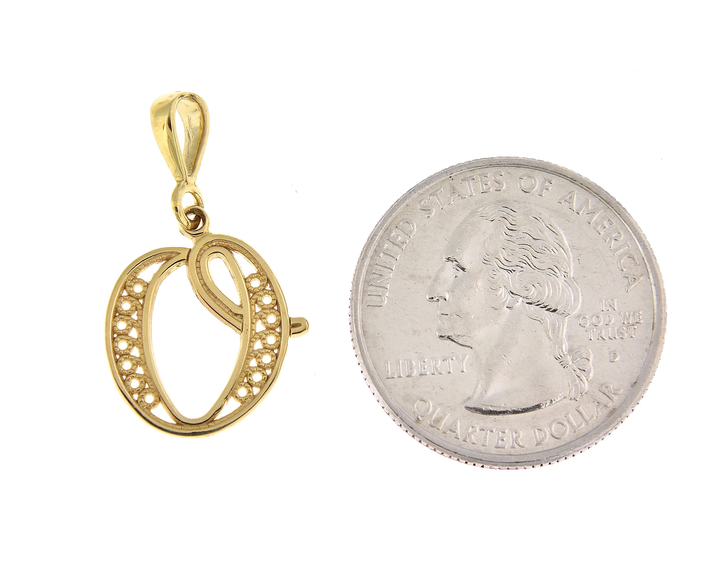 14K Yellow Gold Initial Letter O Cursive Script Alphabet Filigree Pendant Charm