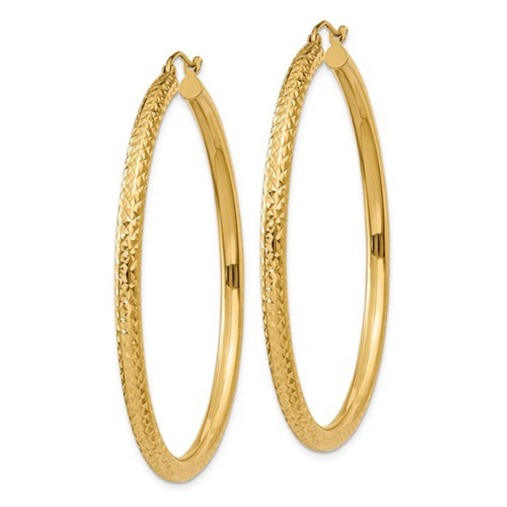 14K Yellow Gold Large Diamond Cut Classic Round Hoop Earrings 50mm x 3mm