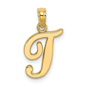 14K Yellow Gold Script Initial Letter T Cursive Alphabet Pendant Charm