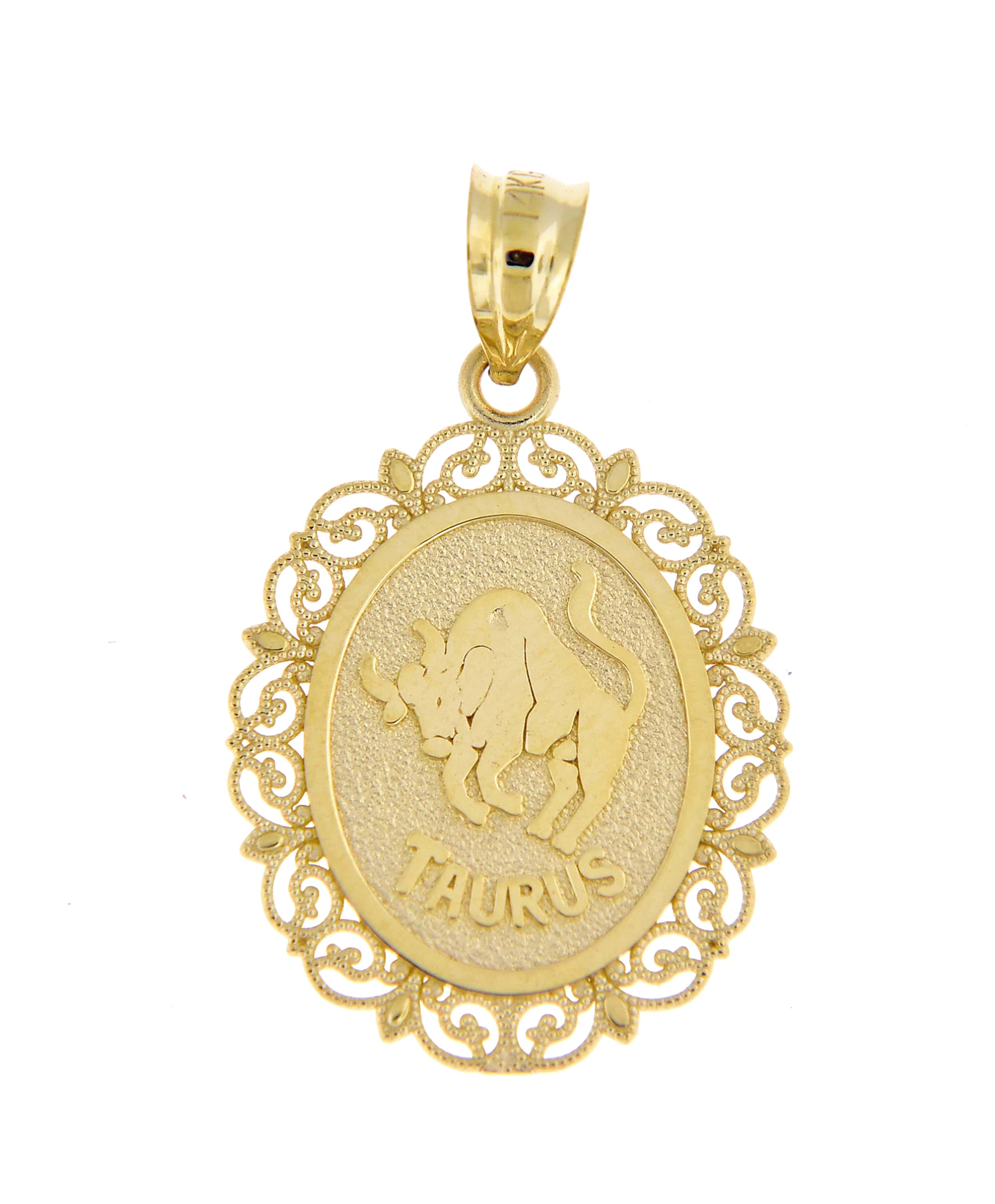 14k Yellow Gold Taurus Zodiac Horoscope Oval Pendant Charm